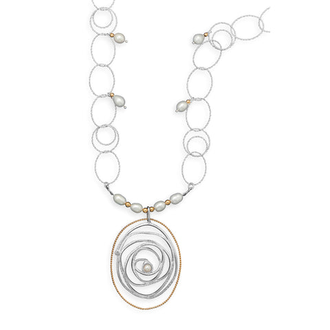 24" Two Tone Link Necklace with Cultured Freshwater Pearls
