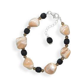 7" + 1" Mother of Pearl, Wood and Crystal Bead Bracelet