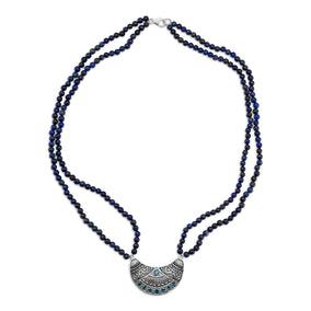 19" Double Strand Lapis Necklace with Oxidized Topaz Pendant