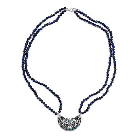 19" Double Strand Lapis Necklace with Oxidized Topaz Pendant