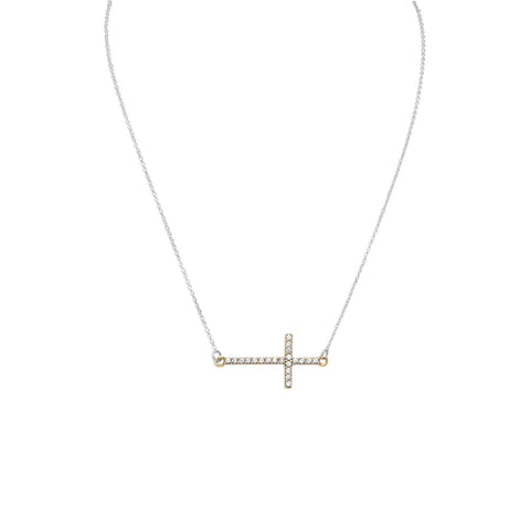 16" + 2" 14 Karat Gold Plated CZ Sideways Cross Necklace