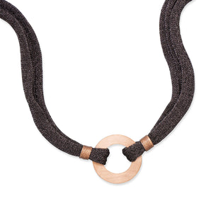 Black Synthetic Fabric Necklace with Rose Gold Plated Center Ring
