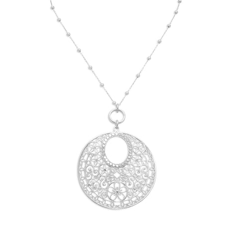Rhodium Plated Beaded Chain with Large Ornate Filigree Pendant