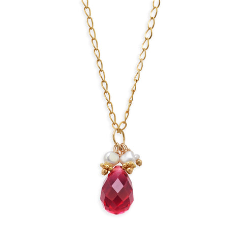 16" 14/20 Gold Filled Necklace with Red Glass Briolette and Cultured Freshwater Pearls