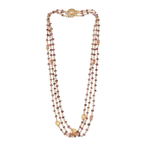 16" 14 Karat Gold Plated Triple Strand Necklace with Pink Tourmaline