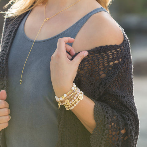 Set of 6 Gold Tone Multicharm Fashion Stretch Bracelets with Pink Beads