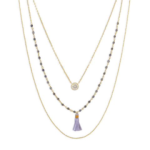 Triple Strand 14 Karat Gold Plated Necklace with Tassle and CZ