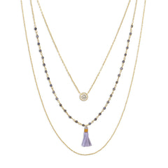 Triple Strand 14 Karat Gold Plated Necklace with Tassel and CZ