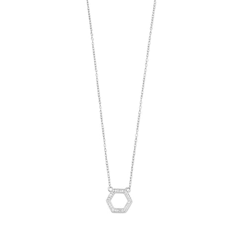 Rhodium Plated Hexagon Necklace with Diamonds