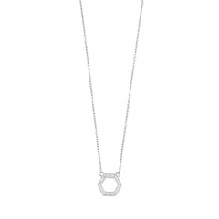 Rhodium Plated Hexagon Necklace with Diamonds