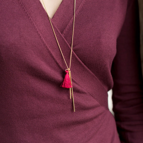 14 Karat Gold Plated Necklace with Double Bar and Tassel Drop