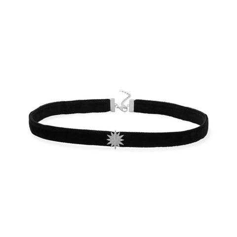 Rhodium Plated CZ Star Black Velvet Choker Necklace