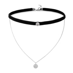 Double Strand Rhodium Plated Chain and Black Velvet CZ Choker Necklace