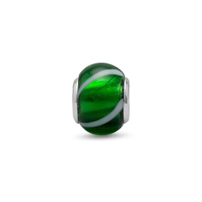 Green Glass Bead with White Line Design