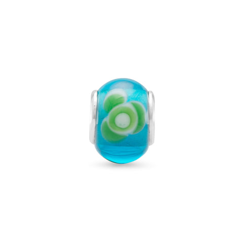 Aqua Glass Bead with Green and White Floral Design