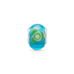 Aqua Glass Bead with Green and White Floral Design