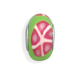 Green Bead with Pink and White Floral Design