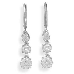 Rhodium Plated Triple CZ Drop Earrings on Lever Back