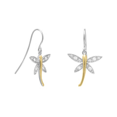 Rhodium Plated Silver/14K Gold Plated CZ Dragonfly Earrings on French Wire