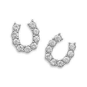 Rhodium Plated CZ Horseshoe Post Earrings