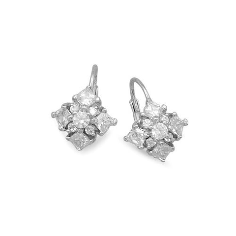 Rhodium Plated Diamond Pattern CZ Euro Earrings