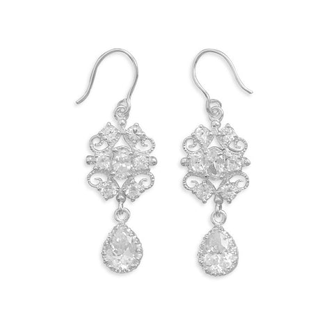 Filigree Design CZ Drop Earrings on French Wire