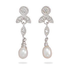 Rhodium Plated CZ and White Cultured Freshwater Pearl Earrings