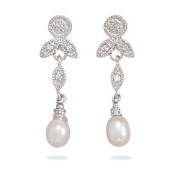 Rhodium Plated CZ and White Cultured Freshwater Pearl Earrings