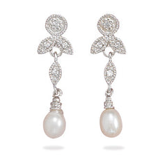 Rhodium Plated CZ and White Cultured Freshwater Pearl Earrings
