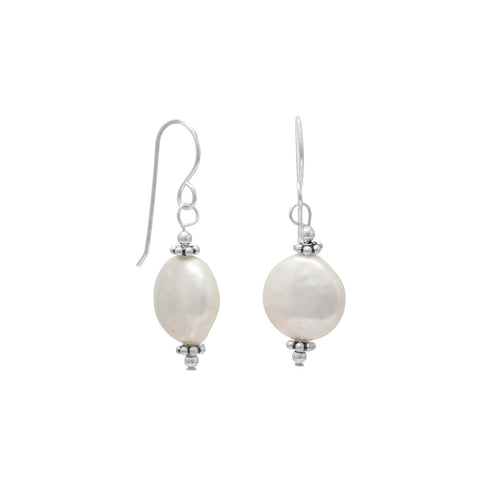 12mm Cultured Freshwater Coin Pearl with Bali Bead Earrings