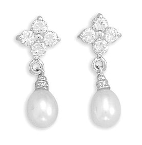 Rhodium Plated CZ Flower and Cultured Freshwater Pearl Post Earrings