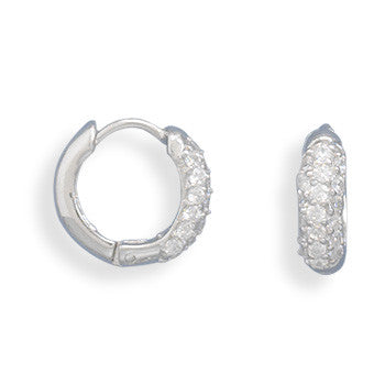 Rhodium Plated Small Pave CZ/Polished Hinged Earrings