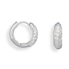 Rhodium Plated Small Pave CZ/Polished Hinged Earrings