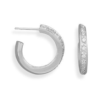 Rhodium Plated CZ Twist 3/4 Hoop Post Earrings