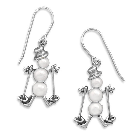 Cultured Freshwater Pearl Skiing Snowman Earrings