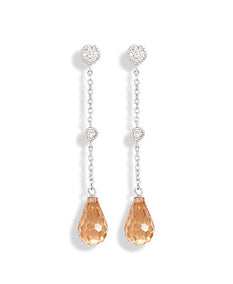 Rhodium Plated Earrings with Round Clear CZs and Champagne Briolette Drops