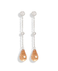 Rhodium Plated Earrings with Round Clear CZs and Champagne Briolette Drops