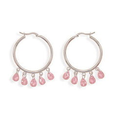 Rhodium Plated Hoop Earrings with 5 Pink CZ Drops