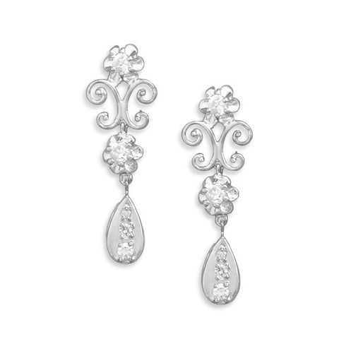 Rhodium Plated CZ Post Earrings with Scroll Design and CZ Drop