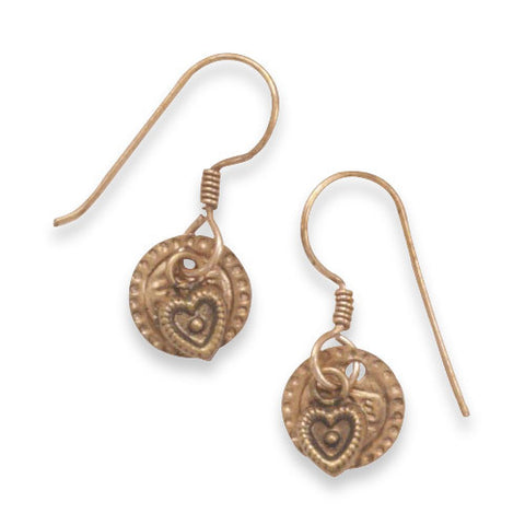 Copper French Wire Earrings with Copper Heart and Coin Charm