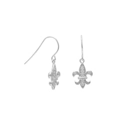 Rhodium Plated CZ Fleur de Lis French Wire Earrings