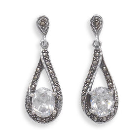Marcasite Post Earrings with Oval CZ Drop