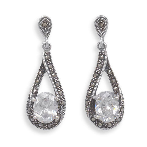 Marcasite Post Earrings with Oval CZ Drop
