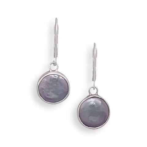 Grey Cultured Freshwater Coin Pearl Lever Back Earrings