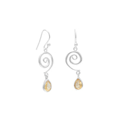 Swirl Design French Wire Earrings with Faceted Citrine Drop