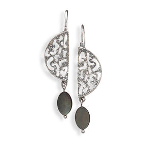 Oxidized 1/2 Moon Earrings with Shell Drop