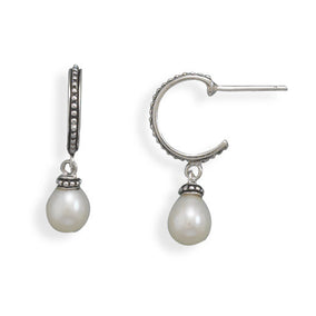 Rhodium Plated Cultured Freshwater Pearl Hoop Earrings