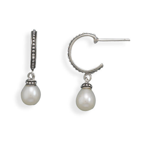 Rhodium Plated Cultured Freshwater Pearl Hoop Earrings