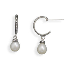 Rhodium Plated Cultured Freshwater Pearl Hoop Earrings