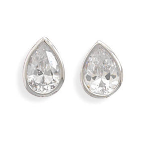 Rhodium Plated Tear Shape CZ Stud Earrings
